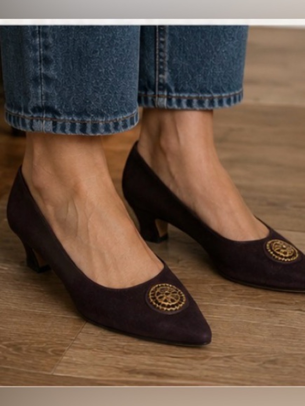 Vintage Polina Ferragamo Schiavone low heel pumps in deep purple gold medallion